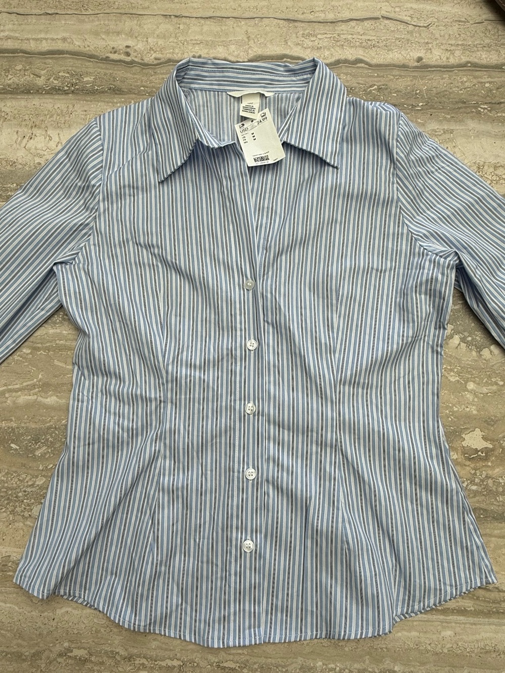 NWT H&M Blue Stripe Button-Up Cinched Waist Dress Shirt